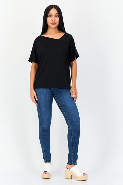 Giordano Women Asymmetrical Neck Short Sleeve Plain T-Shirt, Black