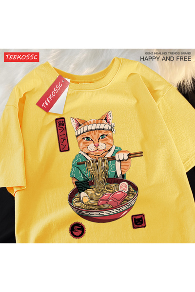 StartMore تي شيرت Y2k Vintage تي شيرت ياباني Harajuku يأكل نودلز القط