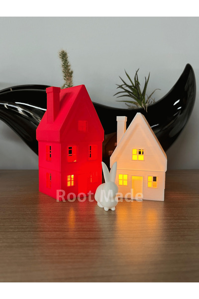 Root Made Kış Evleri 2'li Set Kırmızı Beyaz Noel Evleri Yılbaşı Süsleri Dekor Tealight Mumluk Tavşan Hediyeli