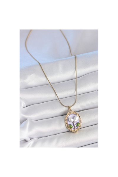 Skygo 316L Steel Gold Color Purple Pearl Flower Embroidered Portrait Model Women's Necklace - Tj-Bko10146