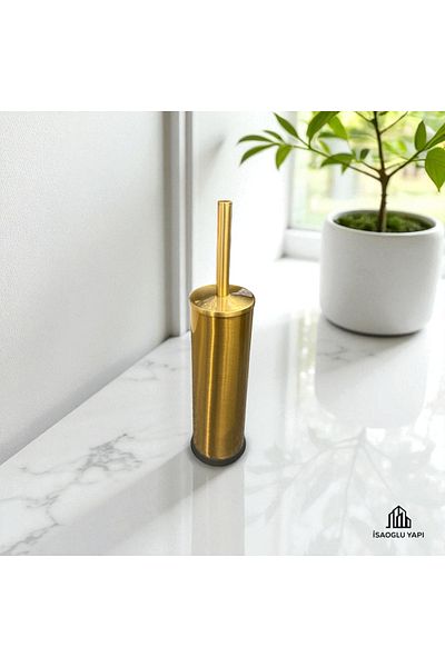 İSAOĞLU YAPI Matte Gold Bucket and Brush Set Brushed Gold Set Matte Gold Trash Can
