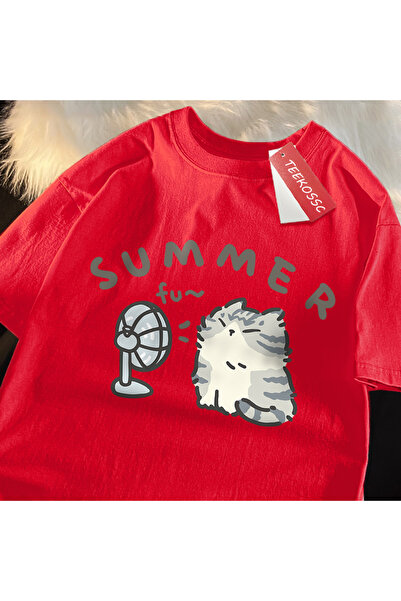 StartMore Y2K Vintage T-Shirt Tee Fun Hair Dryer Fan Cat Japanese Style