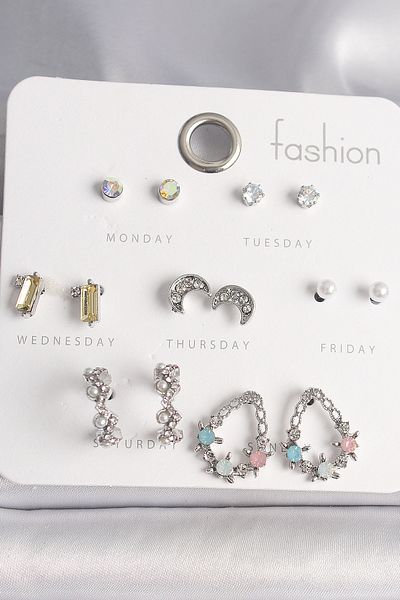 MBB ETİCARET Brass Silver Zircon Stone Ring Drop Figure Crescent 7 Pairs Women's Earring Set