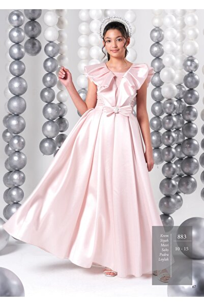 Erkut Kız Çocuk Tafta Kumaş Pudra Renk Uzun Abiye Elbie