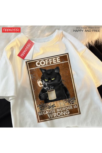 StartMore Y2K Vintage T-Shirt Tee because Murder Was Wrong Black Cat Drinking...