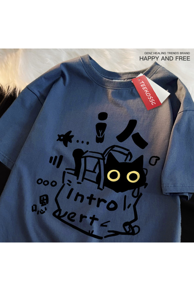 StartMore Y2k Vintage Tişört Tee Bir içe dönük kedi eğlenceli baskı japon tarzı