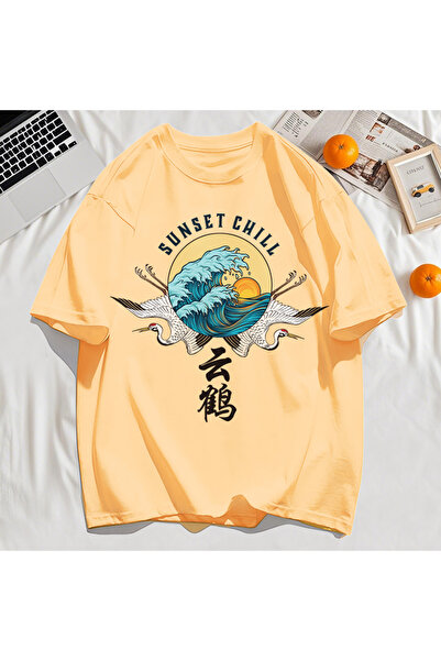 StartMore تي شيرت Y2k Vintage تي شيرت Sunset Chill Cloud Cranes And Waves Print