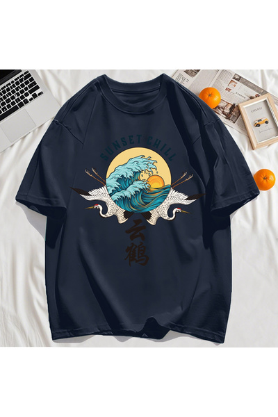 StartMore Y2K Vintage T-Shirt Tee Sunset Chill Cloud Cranes and Waves Print