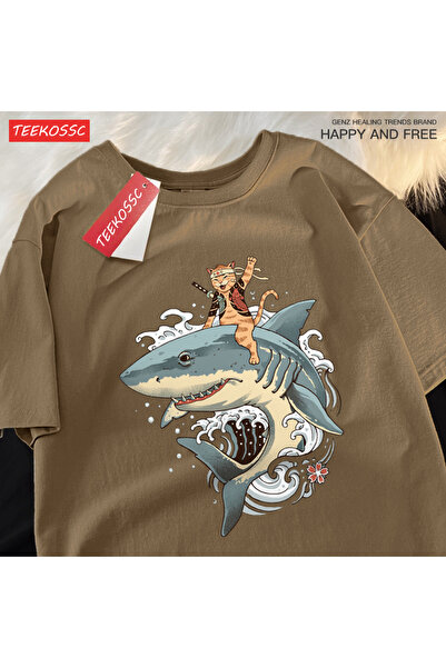 StartMore تي شيرت Y2k Vintage تي شيرت ياباني هاراجوكو لركوب سمكة القرش والقطط