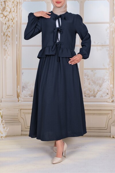 Modamorfo Lace-Up Front Sleeve Elastic Skirt Suit - Navy