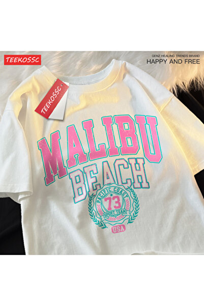 StartMore تي شيرت Y2k Vintage تي شيرت Malibu Beach بطباعة حروف بسيطة