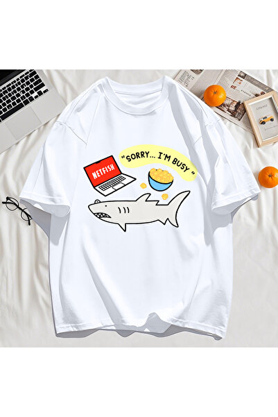 StartMore Y2K Vintage T-Shirt Tee Sorry Busy Fish Pattern Print