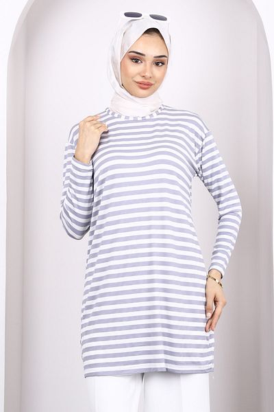 İmajButik Gray Striped Long Sleeve Tunic