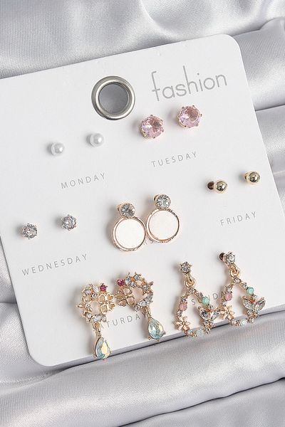 MBB ETİCARET Brass Gold Zircon Stone Dangle Drop Figure White Enamel 7 Pairs Women's Earring Set
