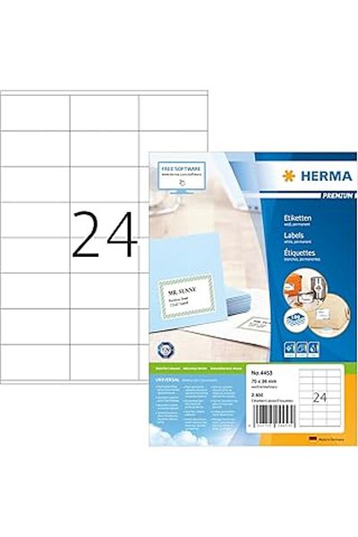 Mu Art Ahşap Herma 4453 Address Label, 100 Sheets, 70 X 36 Mm, A4 24 Per Sheet, 2400 Stickers, Self