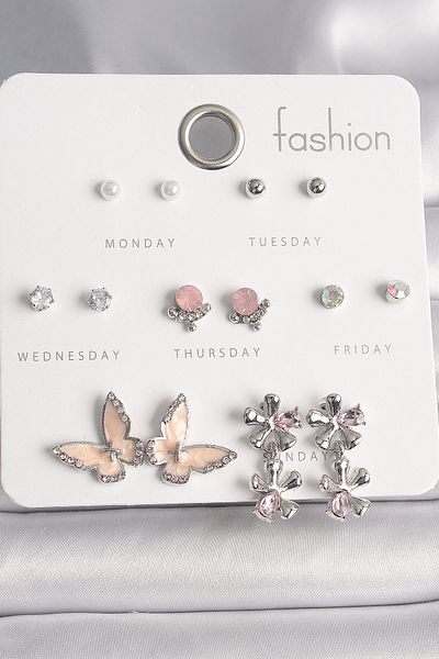 MBB ETİCARET Brass Silver Zircon Stone Dangle Flower Enamel Butterfly Figure Pearl 7 Pairs Women's Earring Set