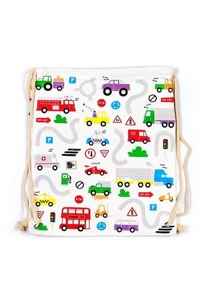 Puckator Ghiozdan tip saculet cu snur, rucsac sport/gradinita, bumbac, Little Motors, tematica autovehicule