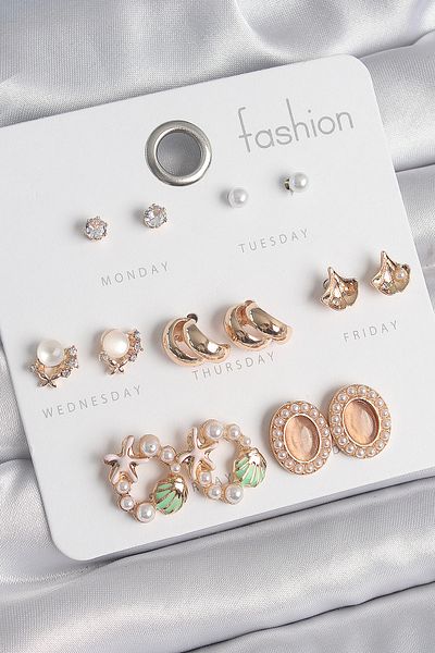 MBB ETİCARET Brass Gold Zircon Stone Hoop Starfish Figure Pearl 7 Pairs Women's Earring Set