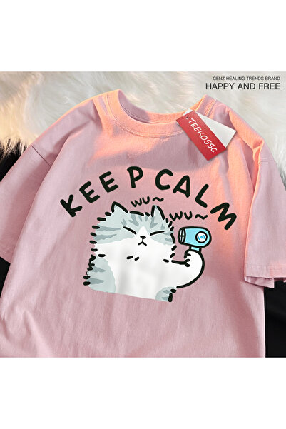 StartMore Y2K Vintage T-Shirt Tee Fun Cat Using Hair Dryer Japanese Style