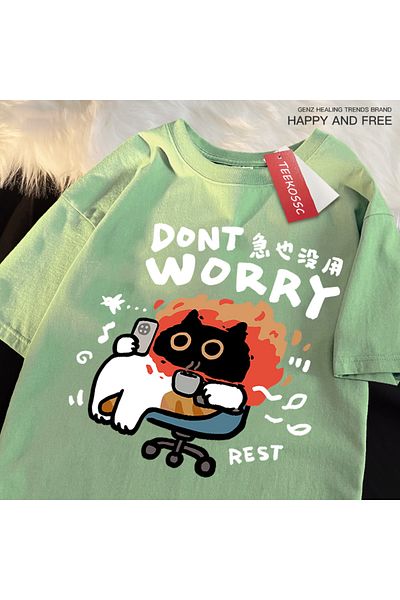 StartMore Y2K Vintage T-Shirt Tee Don'T Worry Be Fun Cat Print Japanese Style