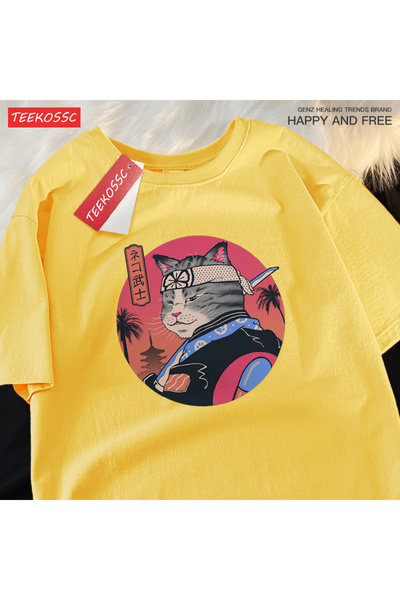 StartMore تي شيرت Y2k Vintage تي شيرت ياباني هاراجوكو سيف الساموراي القط