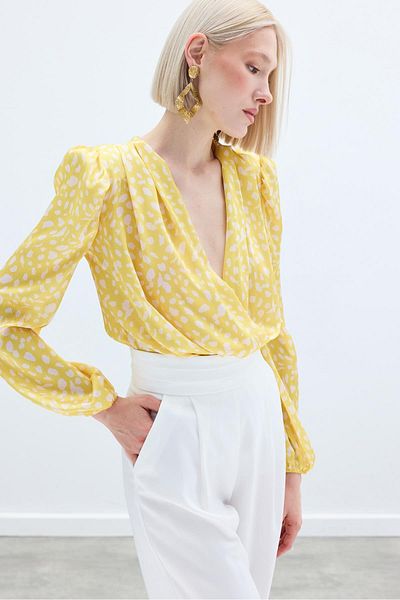 Sateen Double Breasted Patterned Bodysuit - Yellow