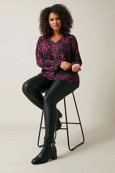 Stil Diva Plus Size V-Neck Long Sleeve Stone Detailed Patterned Blouse 615713