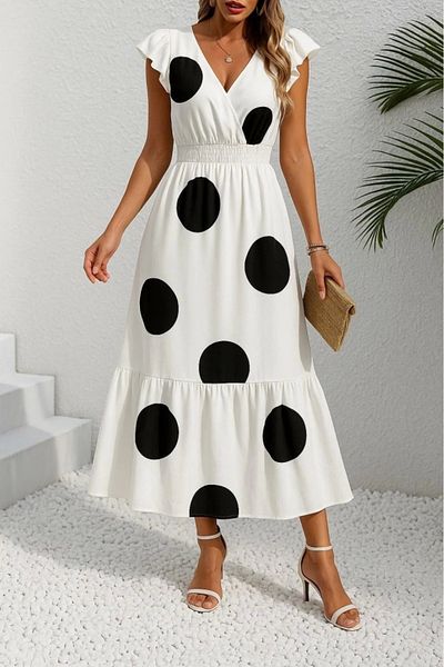 Butik Women's Short Sleeve Double Breasted Collar Elastic Waist Patterned Maxi Length Knitted Crepe Dress