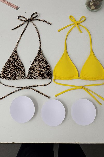 Stail Moda Women's Leopard and Yellow 2-Piece Side and Neck Tie Shorts Triangle Bikini Nightdress Sea Suit
