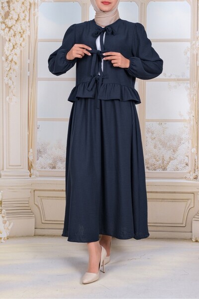 Modamorfo Lace-Up Front Sleeve Elastic Skirt Suit - Navy
