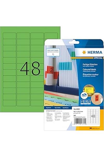 STOREMAX Herma 4369 Color Label Green Removable, 20 Sheets, 45.7 X 21.2 Mm, 48 Per A4, 960 Pieces, Ke
