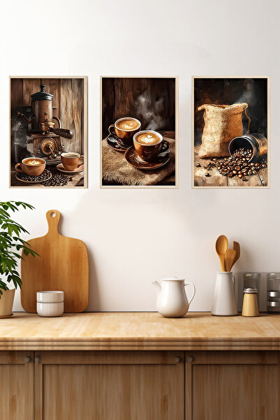 kutuTR ☕ Ahşap Çerçeveli MDF 3’lü Kahve Temalı Tablo Seti – 23x32 / 32x42 / 42x62 cm CRV1002