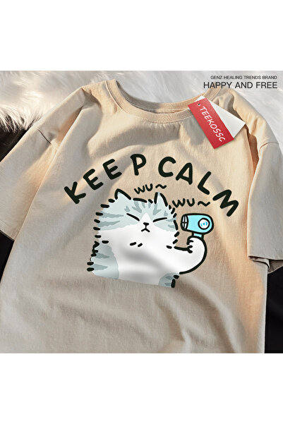 StartMore Y2K Vintage T-Shirt Tee Fun Cat Using Hair Dryer Japanese Style