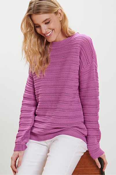 Tchibo Women Crew Neck Long Sleeves Crochet Sweater, Pink