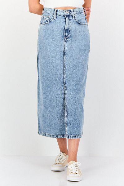 Tommy Hilfiger Women Washed Denim Midi Skirts, Light Blue