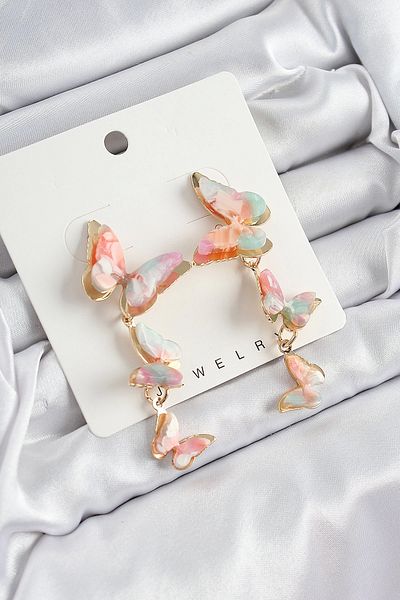 Clariss Brass Dangle Marble Patterned Butterfly Model Gold Color Vintage Women's Earrings