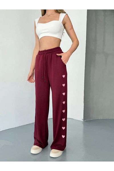 Silerra Pantaloni de trening confortabili cu picior larg, brodați, din material textil moale Osy Modal - Roșu Claret