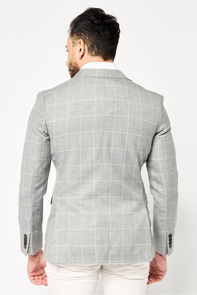 Tommy Hilfiger Men Regular Fit Windowpane Pattern Semi Formal Blazer, Light Grey