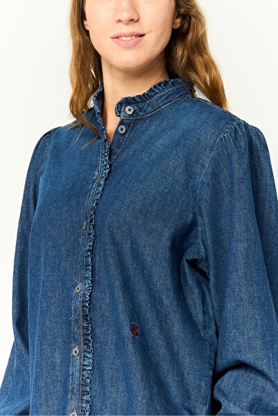 Tommy Hilfiger Women Ruffle Neck Long Sleeves Solid Denim Shirt, Blue