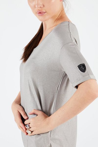 Scuderia Ferrari Women V-Neck Short Sleeve Metallic Blouse, Grey/Silver