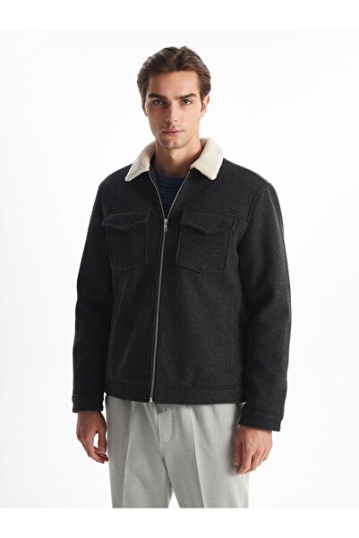 LC Waikiki Antrasit Standart Kalıp Gömlek Yaka Erkek Kaşe Mont