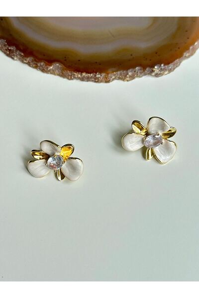 YOUES JEWELRY Çelik Çiçek Küpe Küpe Yaz Küpesi Ekru Taşlı Küpe