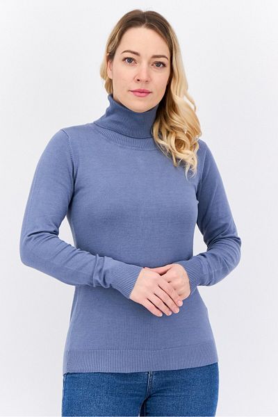 Buzz Women Turtle Neck Long Sleeve Ribbed Sweater, Blue