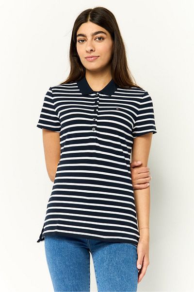 Tommy Hilfiger Women Spread Collar Short Stripe Polo Shirt, Multicolor