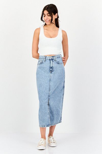 Tommy Hilfiger Women Washed Denim Midi Skirts, Light Blue