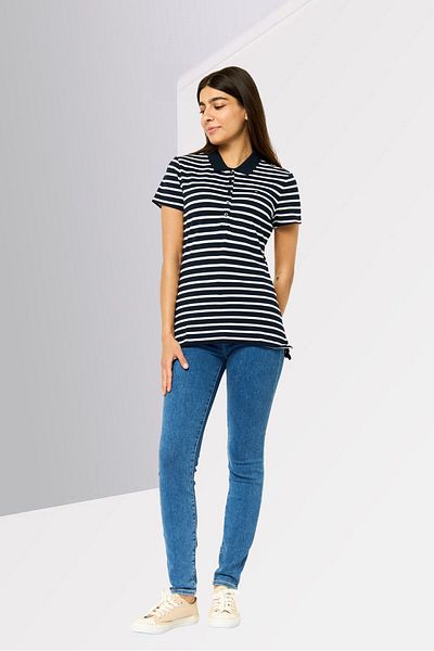Tommy Hilfiger Women Spread Collar Short Stripe Polo Shirt, Multicolor