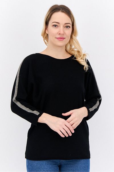 Buzz Women Round Neck Metallic Detail Sweater, Black