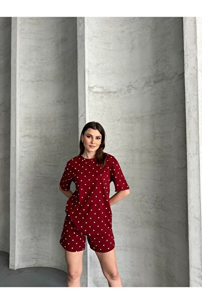 LETS BASIC Women's Organic Pajama Set with Shorts – Heart Printed – Let's Basic – Summer / Home Wear