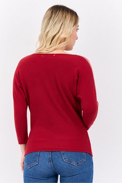 Buzz Women Round Neck Metallic Detail Sweater, Red