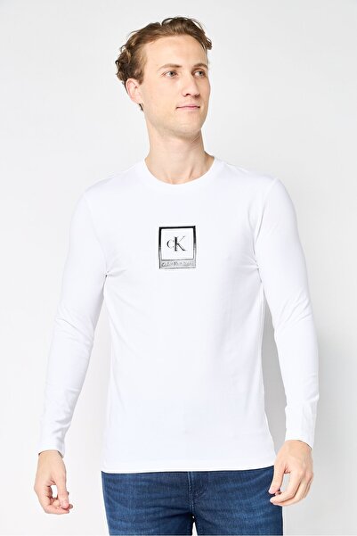 Calvin Klein Jeans Men Crew Neck Long Sleeve Brand Logo T-Shirt, White